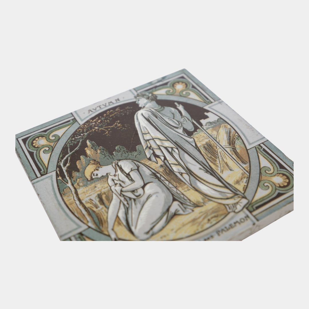 Minton China Works 1880s English Art Pottery Four Seasons Art Nouveau Tile Set