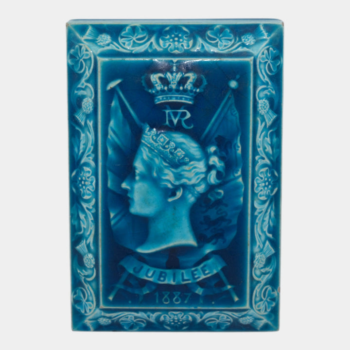 Minton Hollins 1887 Pottery Blue Queen Victoria Golden Jubilee Tile Paperweight
