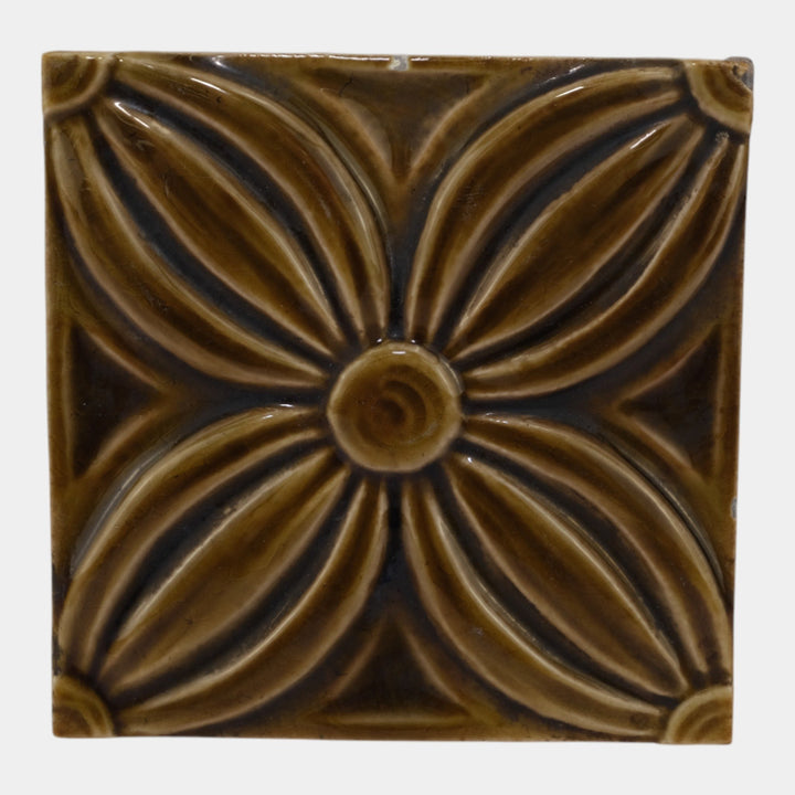 J & JG Low Tile Works 1880s Art Pottery Brown Geometric Floral Tile