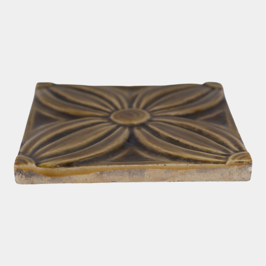 J & JG Low Tile Works 1880s Art Pottery Brown Geometric Floral Tile