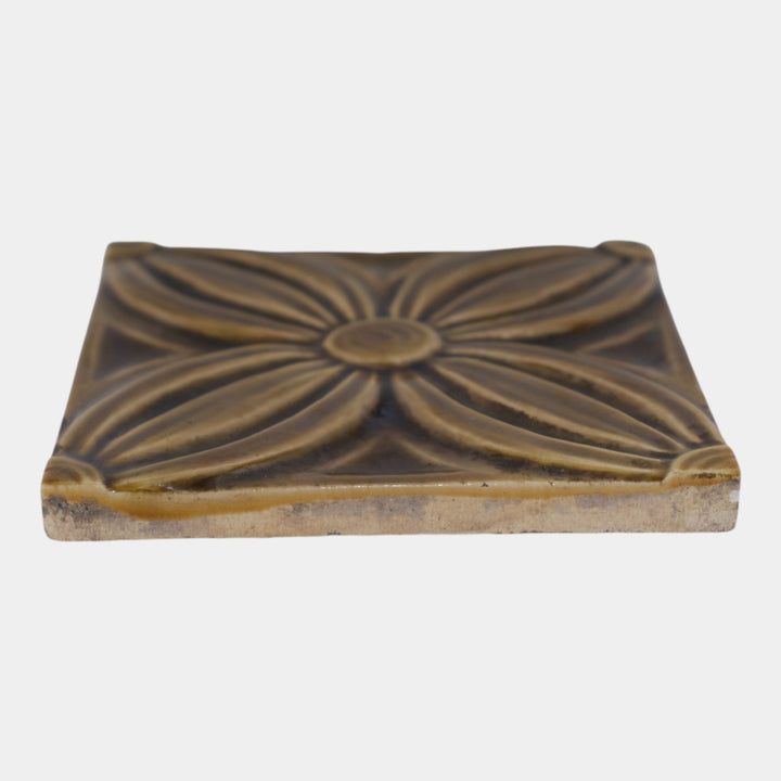 J & JG Low Tile Works 1880s Art Pottery Brown Geometric Floral Tile