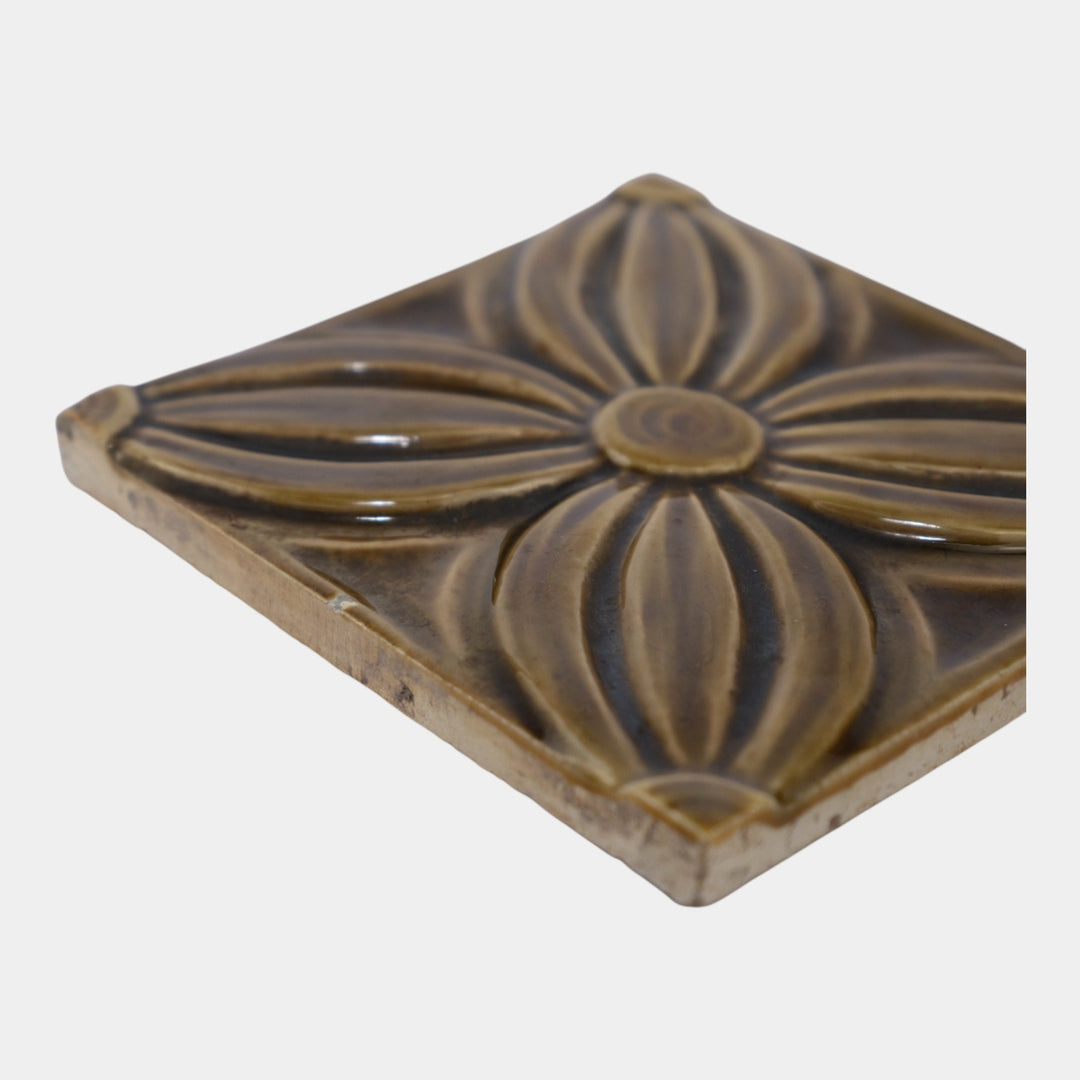 J & JG Low Tile Works 1880s Art Pottery Brown Geometric Floral Tile