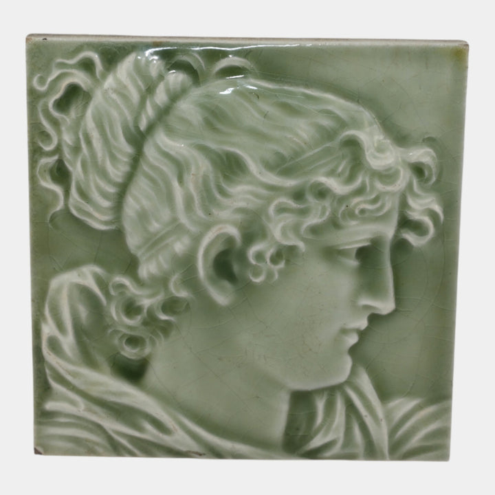Providential Tile Works 1880s Art Pottery Green Majolica Portrait Ceramic Tile