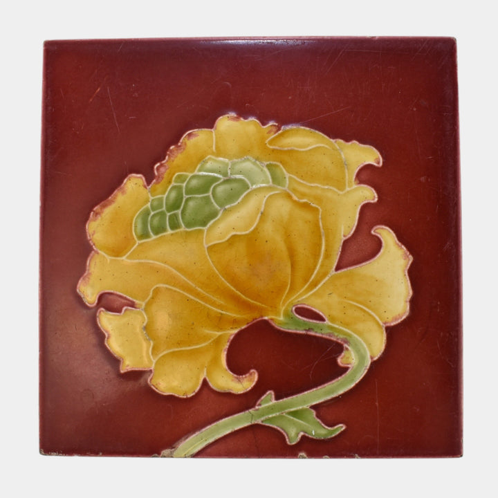 Corn Bros 1890s English Art Nouveau Red With Yellow Poppy Art Pottery Tile