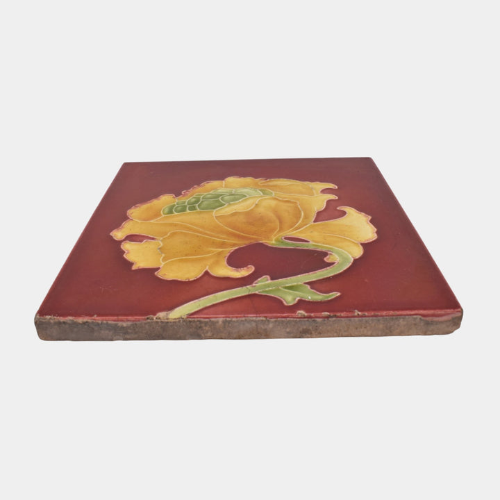 Corn Bros 1890s English Art Nouveau Red With Yellow Poppy Art Pottery Tile