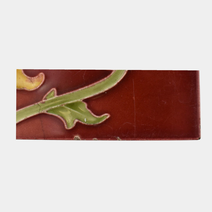 Corn Bros 1890s English Art Nouveau Red With Yellow Poppy Art Pottery Tile