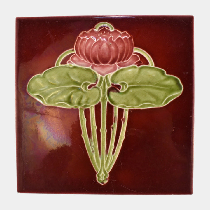 Corn Bros 1890s English Art Nouveau Red With Pink Lotus Art Pottery Tile