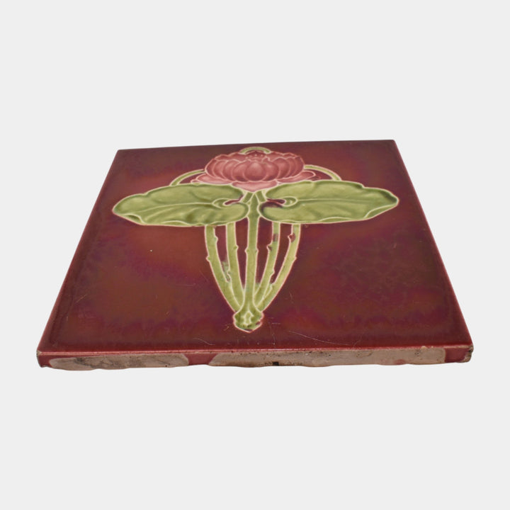 Corn Bros 1890s English Art Nouveau Red With Pink Lotus Art Pottery Tile