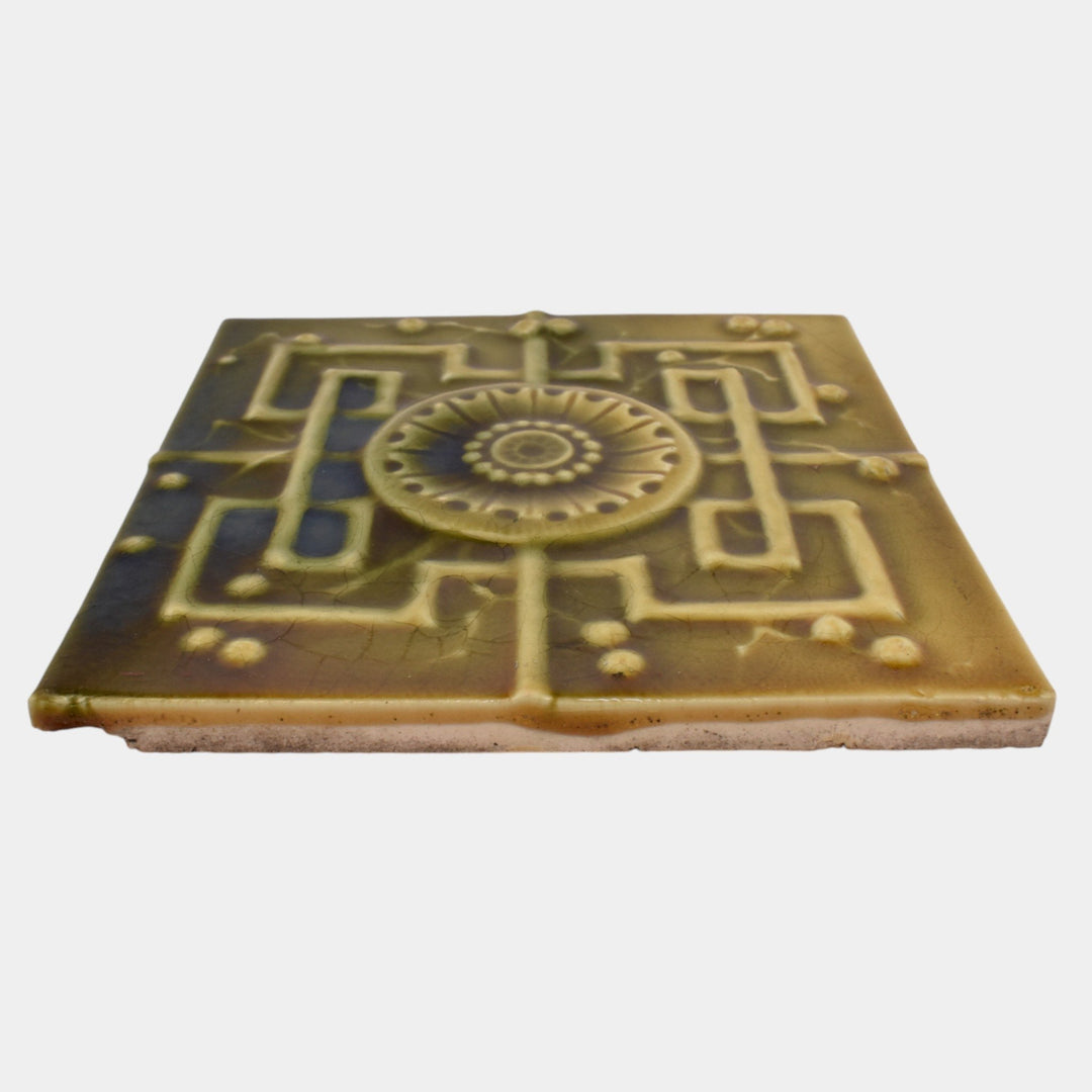 J & JG Low Tile Works 1880s Art Pottery Green Majolica Geometric Ceramic Tile