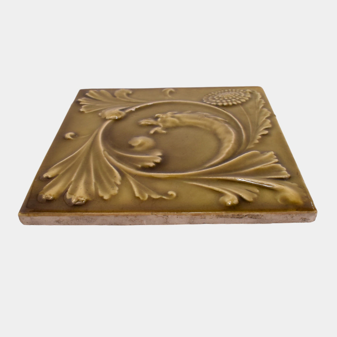 J & JG Low Tile Works 1880s Art Pottery Green Majolica Floral Swirl Ceramic Tile