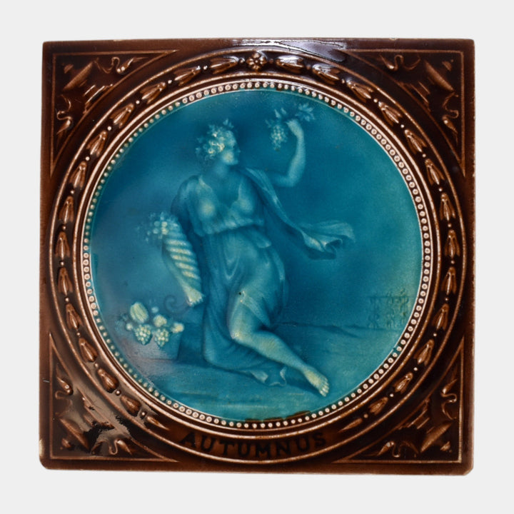 Minton Hollins Stoke On Trent Blue Brown Majolica Autumnus Art Pottery Tile