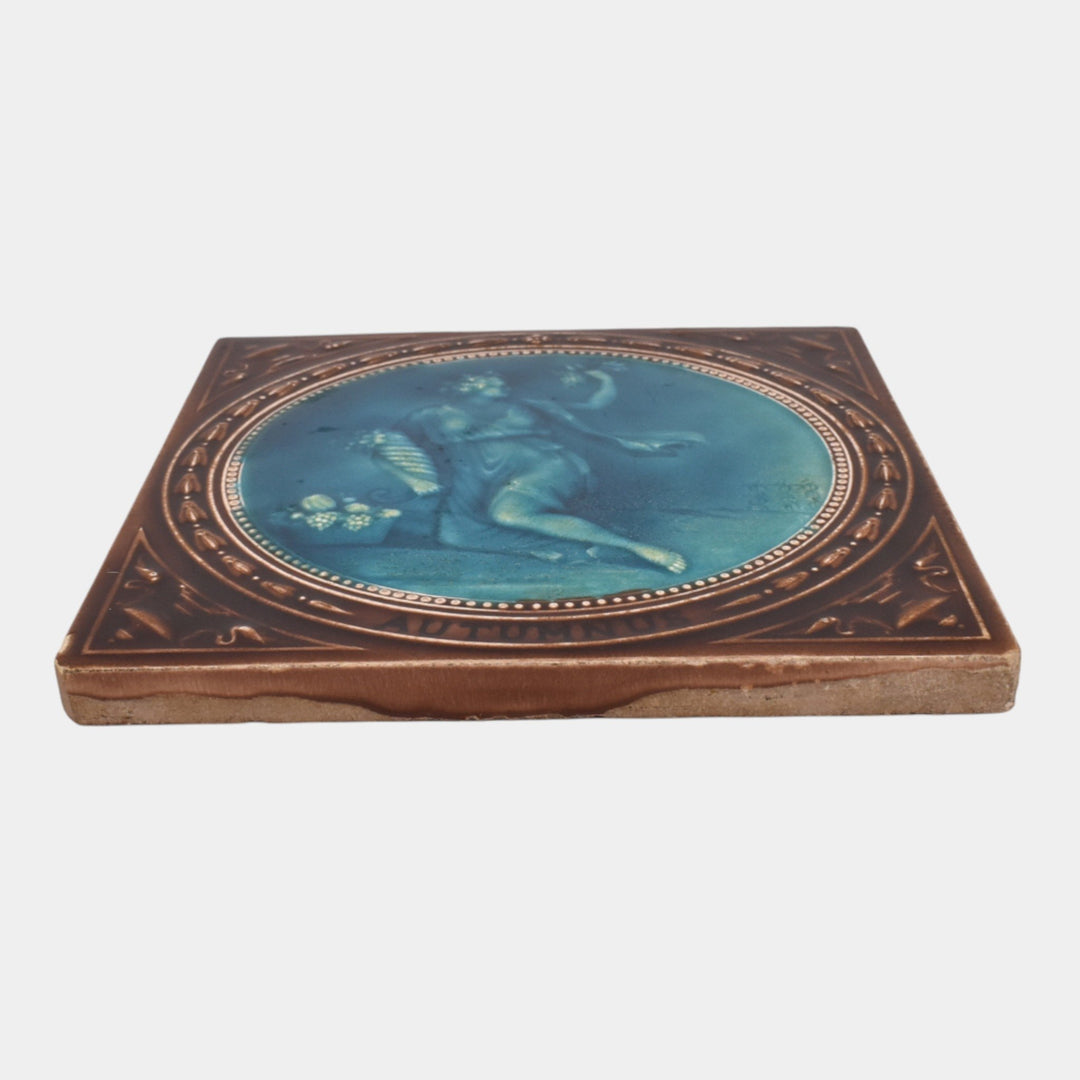 Minton Hollins Stoke On Trent Blue Brown Majolica Autumnus Art Pottery Tile