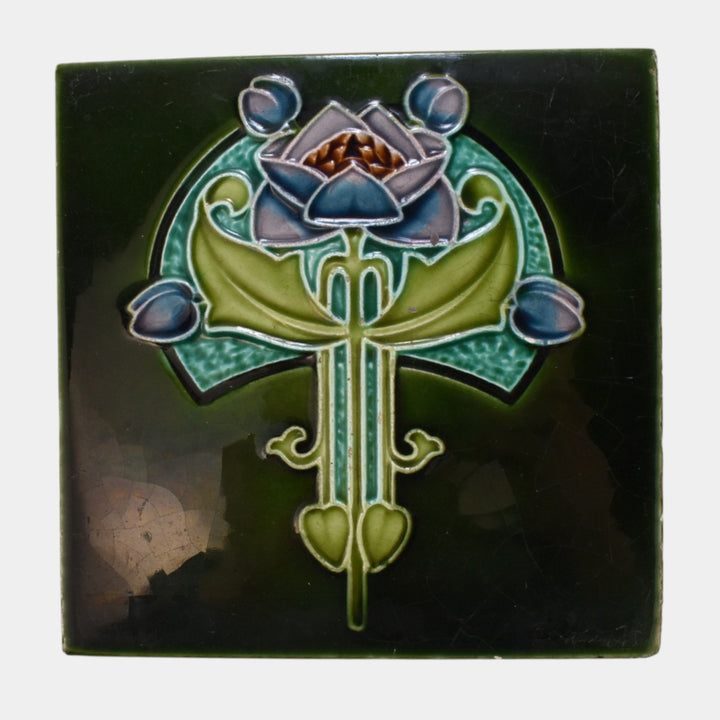 Rhodes Tile Co. Art Pottery English 1900s Green Art Nouveau Stylized Flower Tile