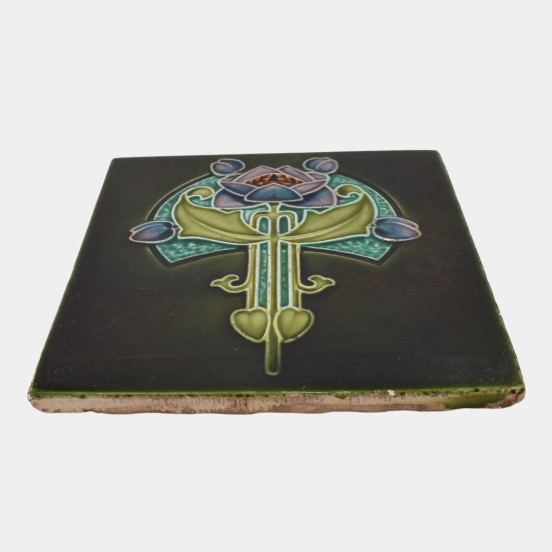 Rhodes Tile Co. Art Pottery English 1900s Green Art Nouveau Stylized Flower Tile