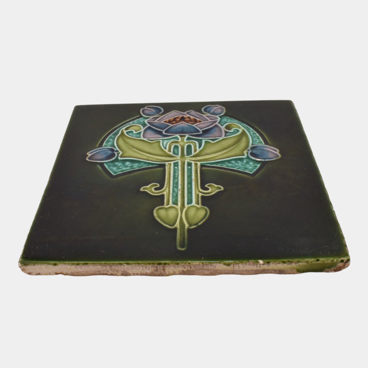 Rhodes Tile Co. Art Pottery English 1900s Green Art Nouveau Stylized Flower Tile