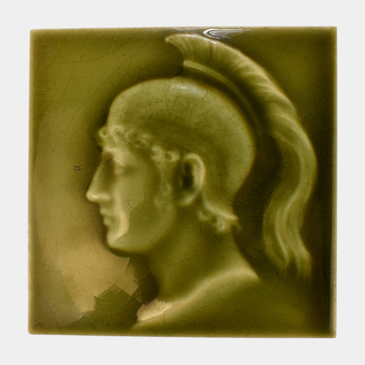 Trent Tile NJ Art Pottery Green Majolica Roman Warrior Profile Ceramic Tile