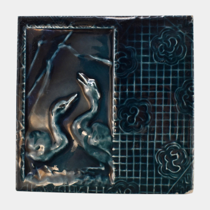 J & J.G. Low Art Pottery Blue Majolica Floral And Heron Crane Birds Paneled Tile
