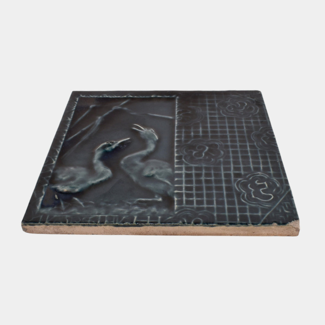 J & J.G. Low Art Pottery Blue Majolica Floral And Heron Crane Birds Paneled Tile