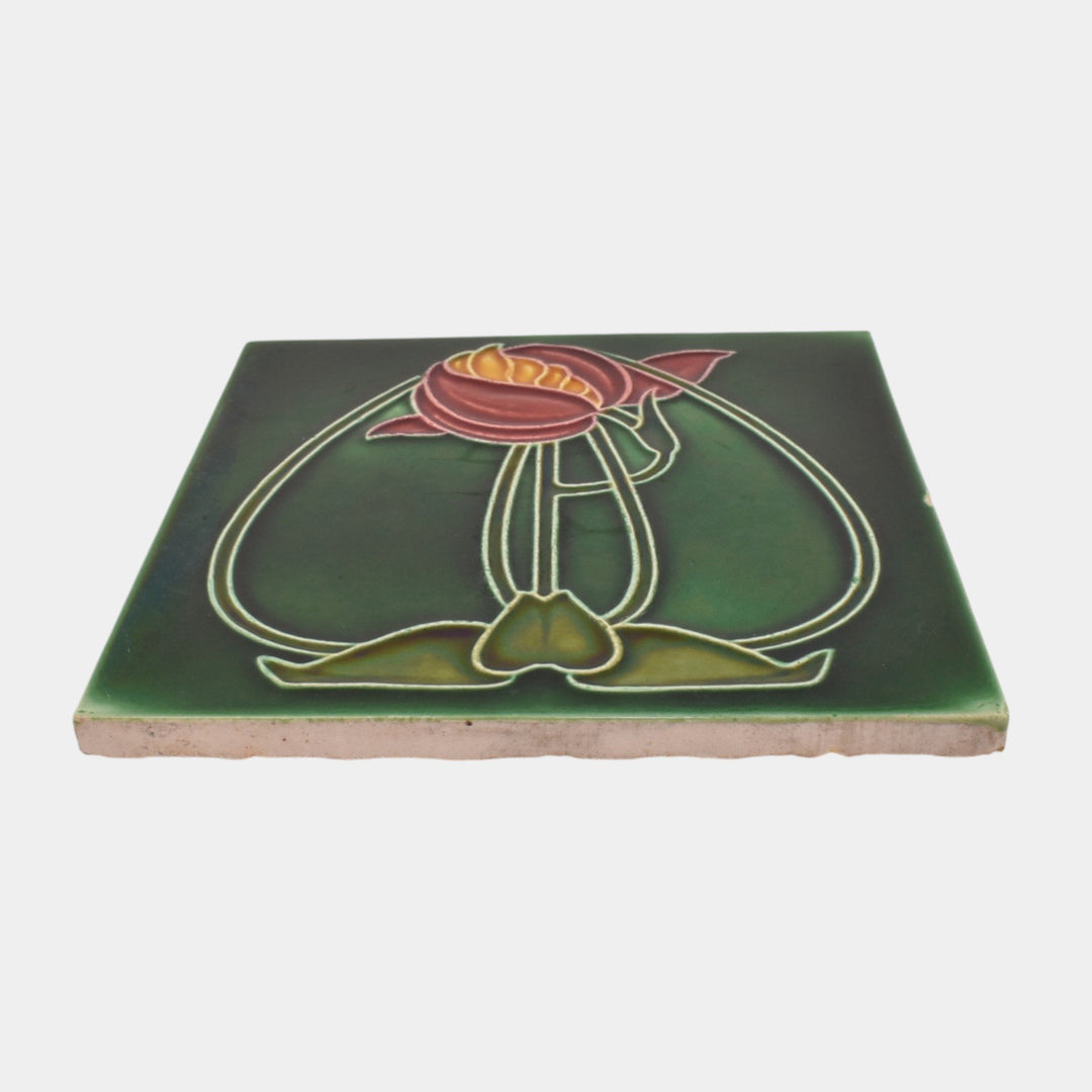 Rhodes Tile Co 1900s English Art Nouveau Green Majolica Floral Art Pottery Tile