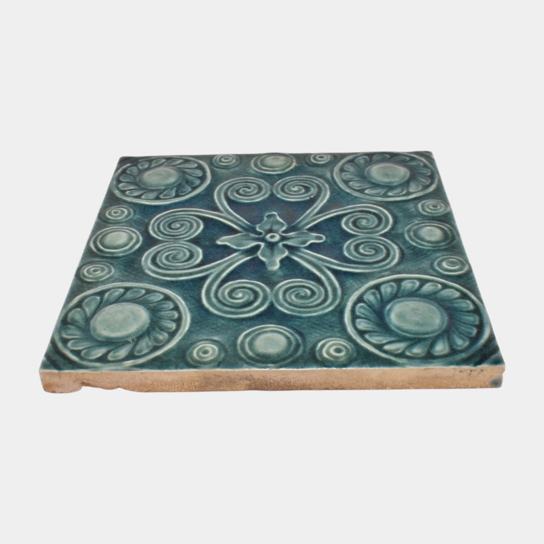 J & J.G. Low Art Pottery Teal Majolica Art Nouveau Scrolls And Medallions Tile