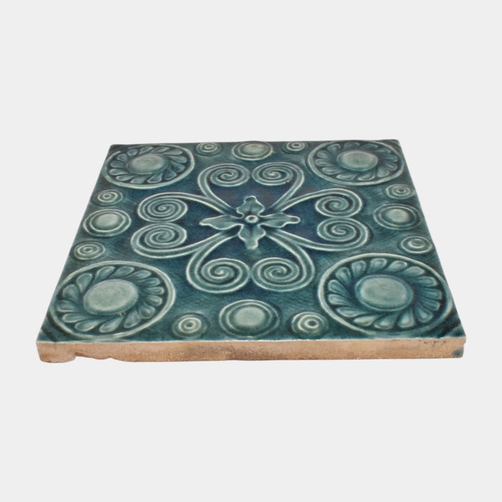 J & J.G. Low Art Pottery Teal Majolica Art Nouveau Scrolls And Medallions Tile