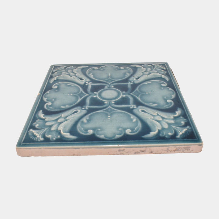 Minton Hollins Victorian Art Pottery Blue Majolica Flower In Relief Ceramic Tile