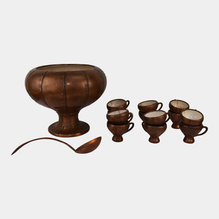 Clewell Art Pottery Copper Clad Punch Bowl Set of 12 Cups and Copper Ladle