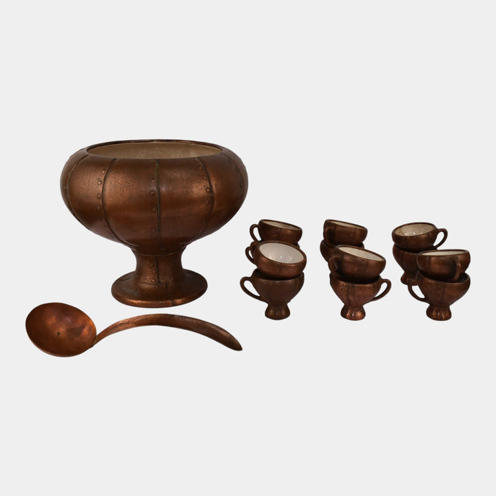 Clewell Art Pottery Copper Clad Punch Bowl Set of 12 Cups and Copper Ladle