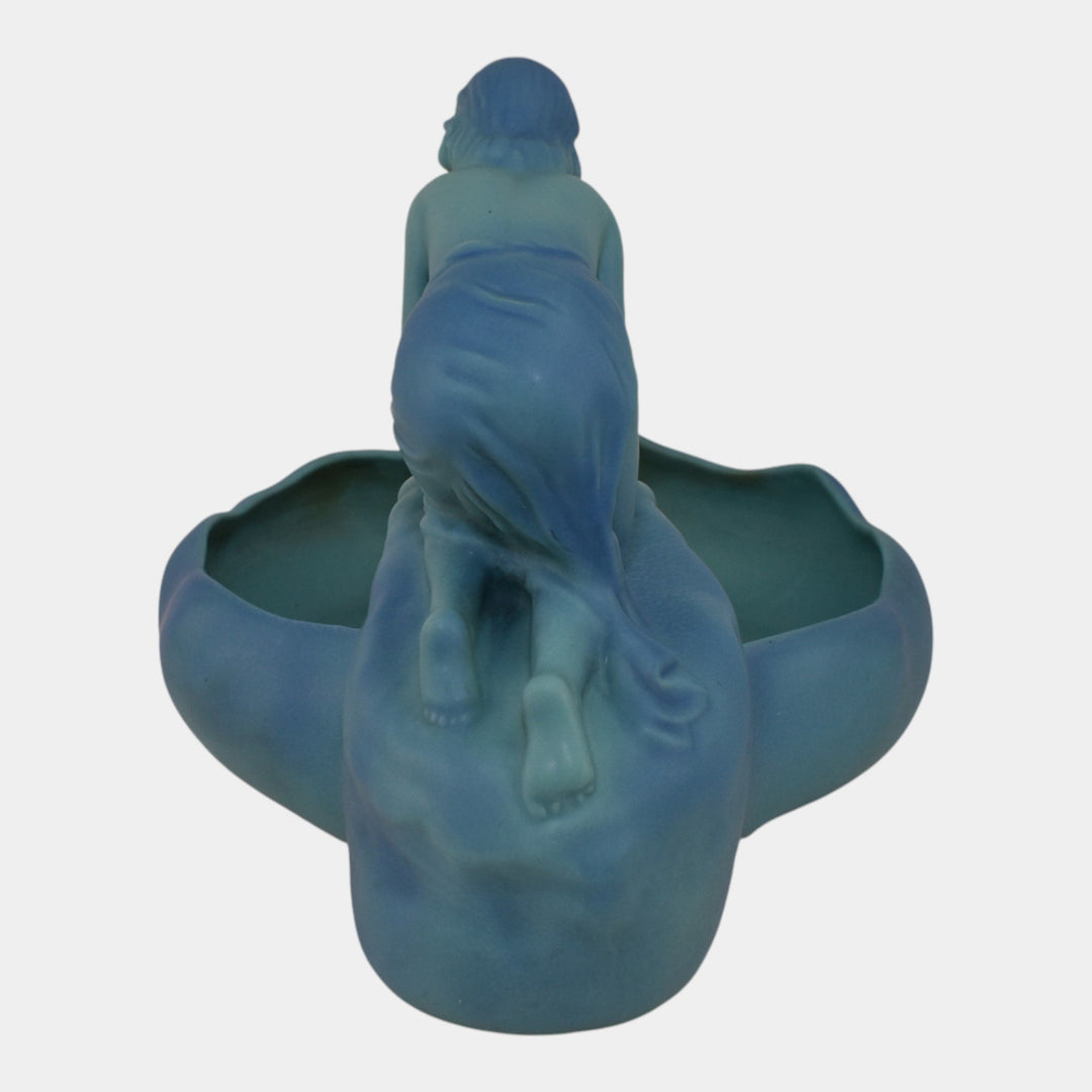 Van Briggle 1940s Pottery Blue Lady Of The Lake Figural Bowl Frog Flower Frog