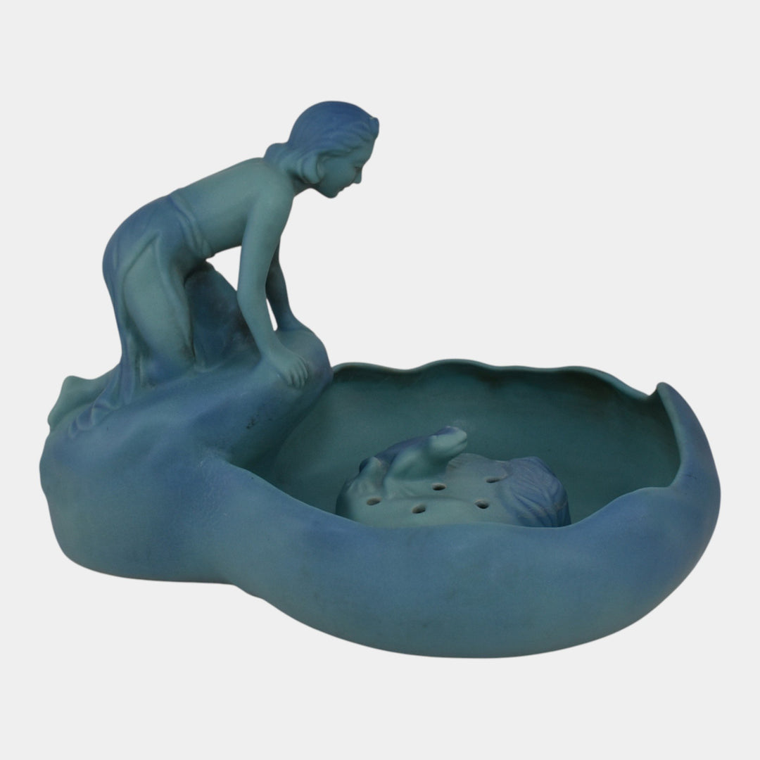 Van Briggle 1940s Pottery Blue Lady Of The Lake Figural Bowl Frog Flower Frog