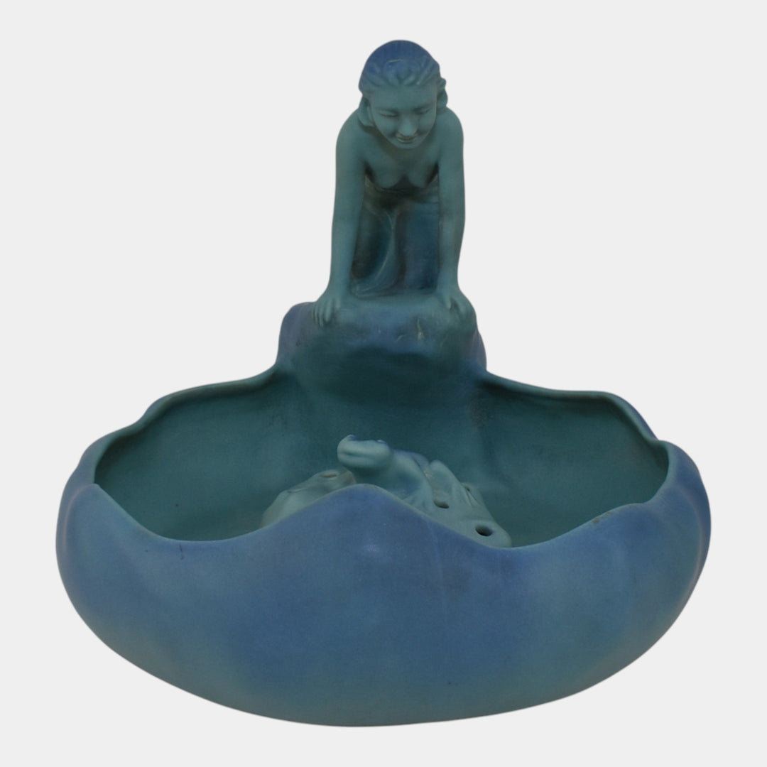 Van Briggle 1940s Pottery Blue Lady Of The Lake Figural Bowl Frog Flower Frog