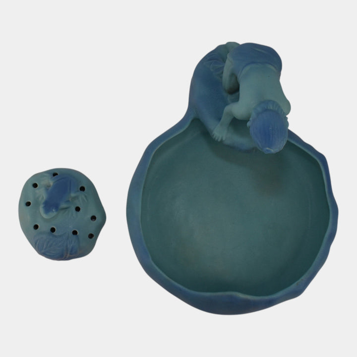 Van Briggle 1940s Pottery Blue Lady Of The Lake Figural Bowl Frog Flower Frog