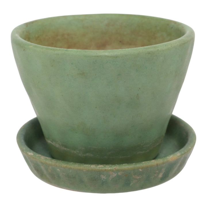 Pigeon Forge Tennessee Art Pottery Matte Green Ceramic Flower Pot and Saucer - Just Art Pottery