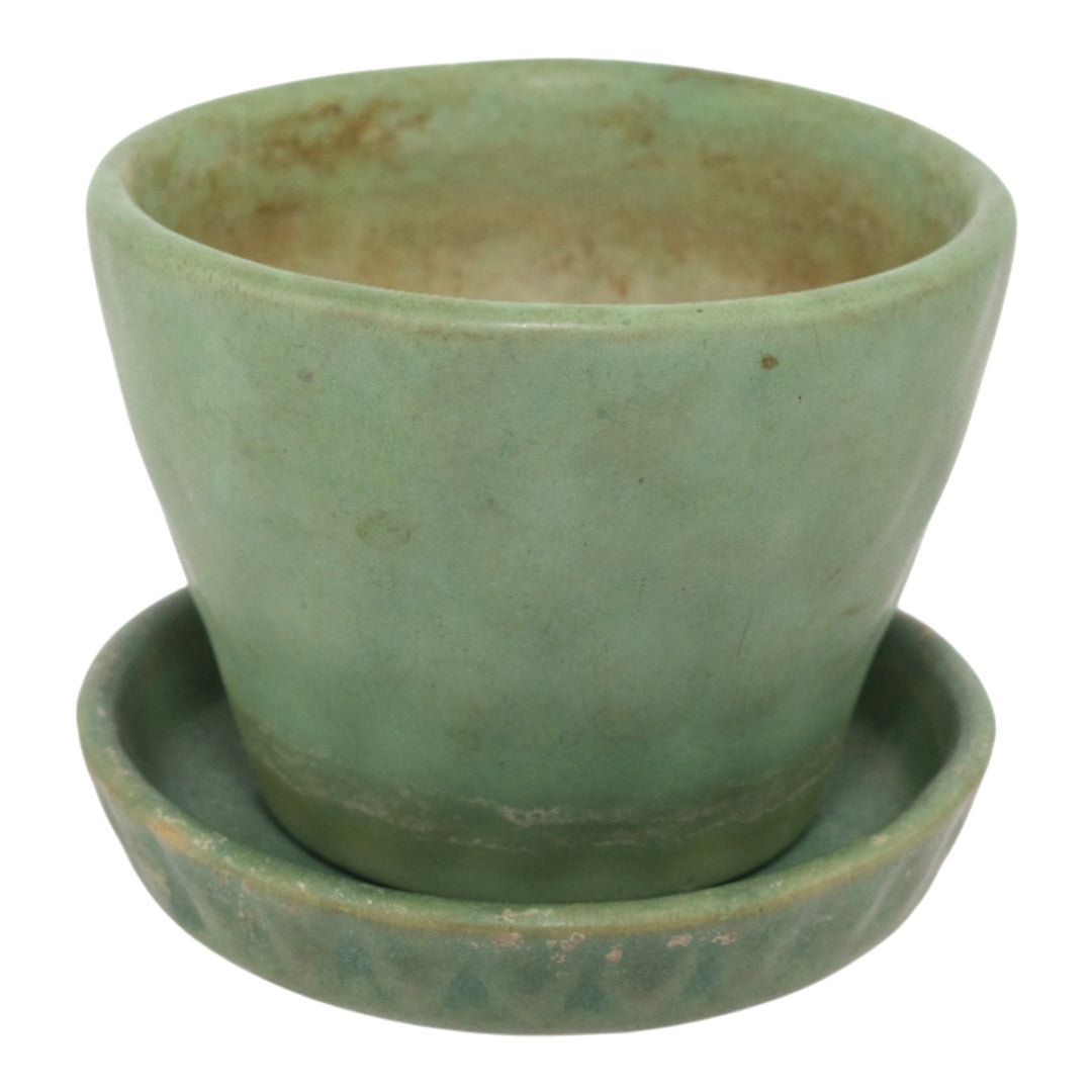 Pigeon Forge Tennessee Art Pottery Matte Green Ceramic Flower Pot and Saucer - Just Art Pottery