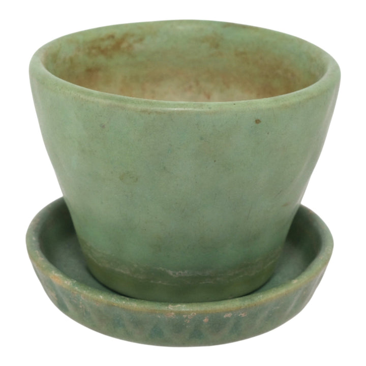 Pigeon Forge Tennessee Art Pottery Matte Green Ceramic Flower Pot and Saucer - Just Art Pottery