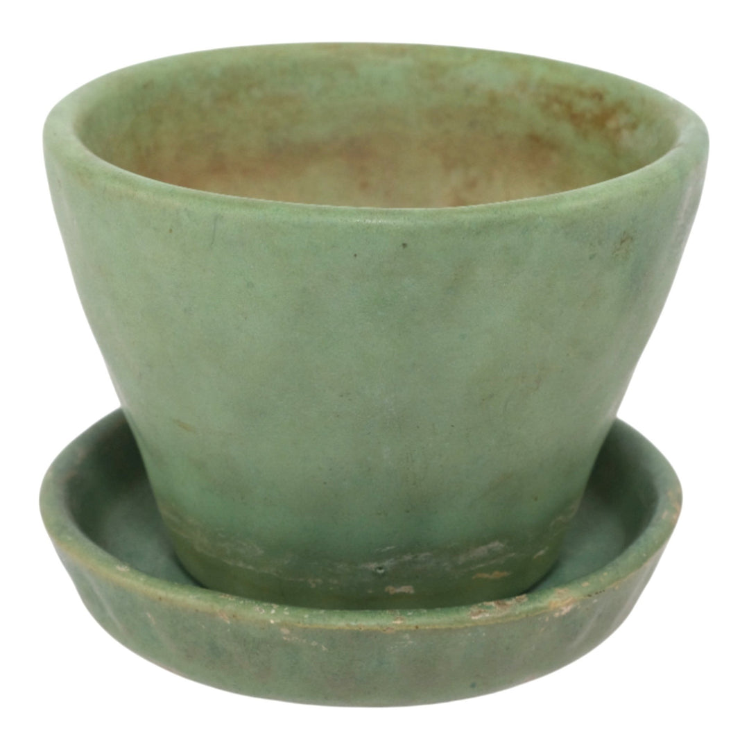 Pigeon Forge Tennessee Art Pottery Matte Green Ceramic Flower Pot and Saucer - Just Art Pottery