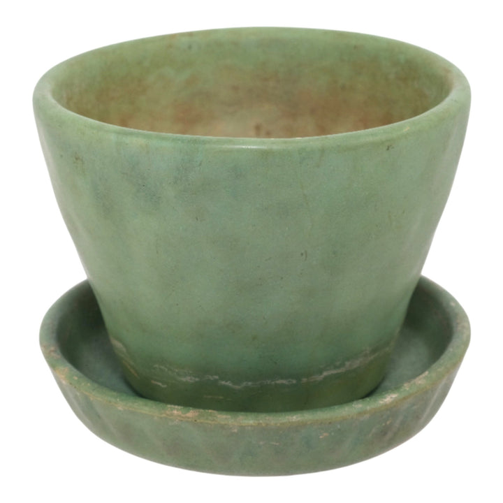 Pigeon Forge Tennessee Art Pottery Matte Green Ceramic Flower Pot and Saucer - Just Art Pottery
