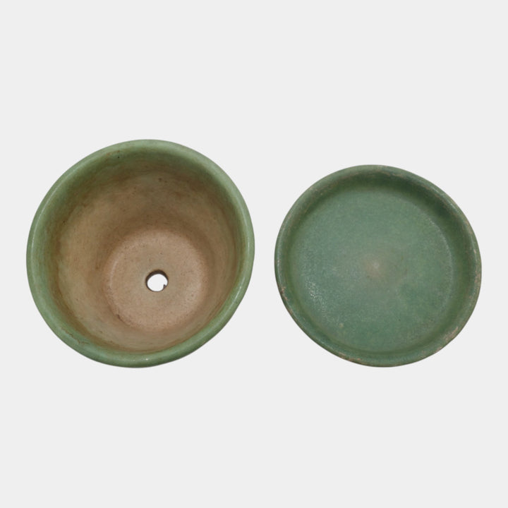 Pigeon Forge Tennessee Art Pottery Matte Green Ceramic Flower Pot and Saucer - Just Art Pottery