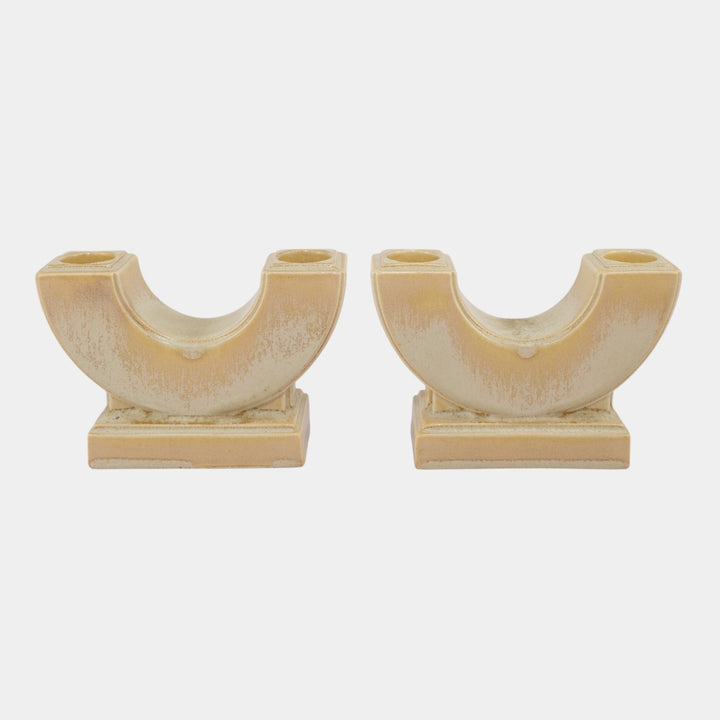 AETCO Studio Art Pottery Brown Ivory Art Deco Double Candleholder Pair