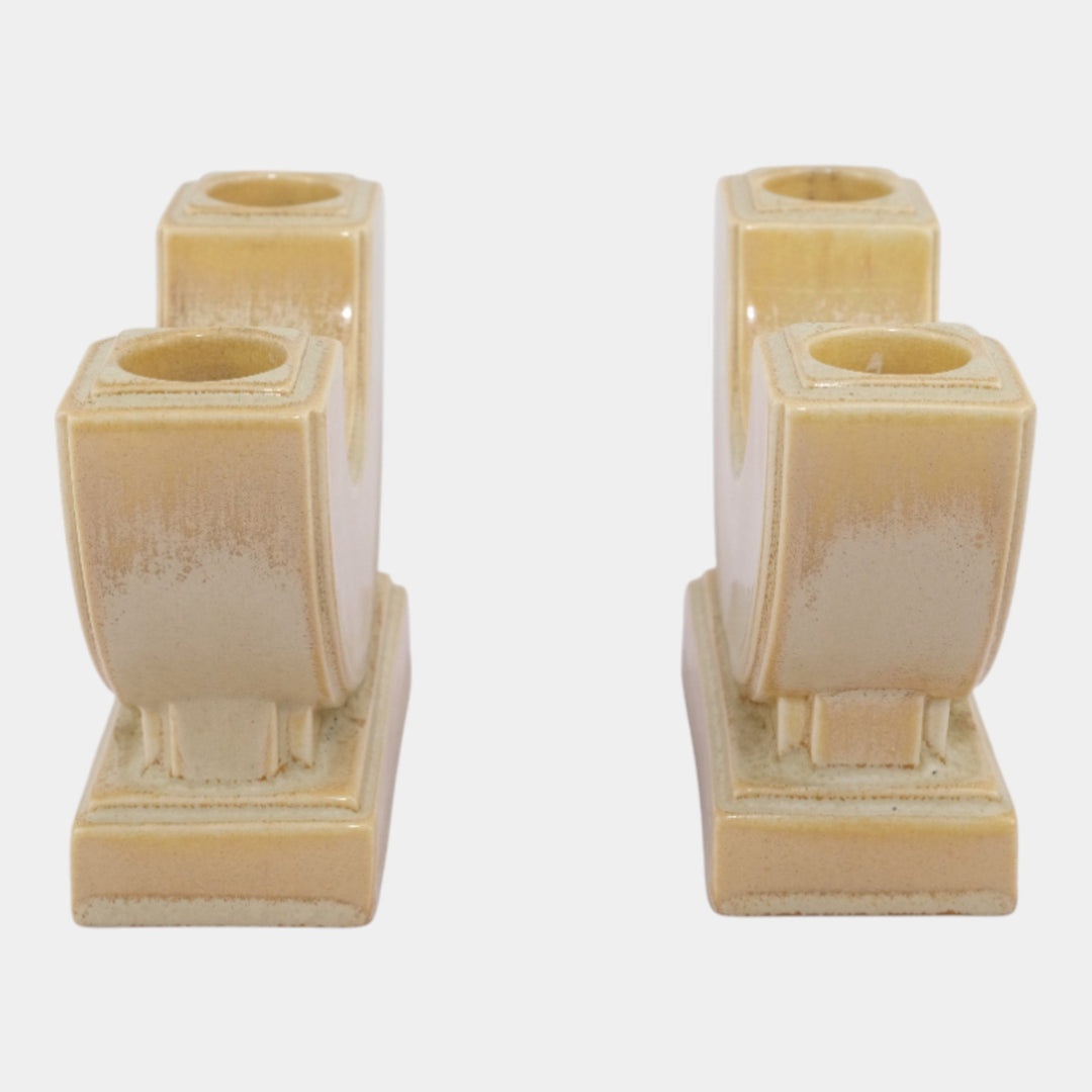 AETCO Studio Art Pottery Brown Ivory Art Deco Double Candleholder Pair