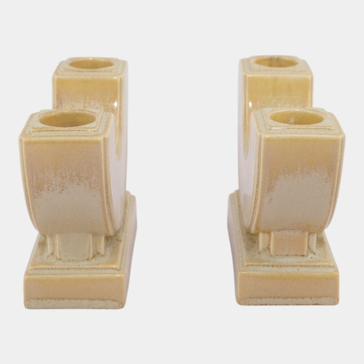 AETCO Studio Art Pottery Brown Ivory Art Deco Double Candleholder Pair