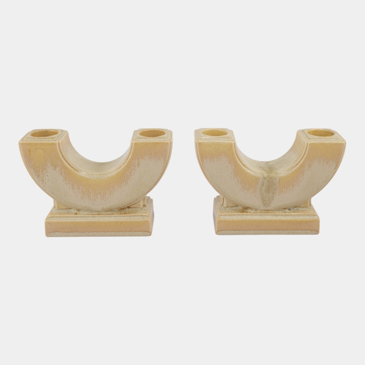 AETCO Studio Art Pottery Brown Ivory Art Deco Double Candleholder Pair