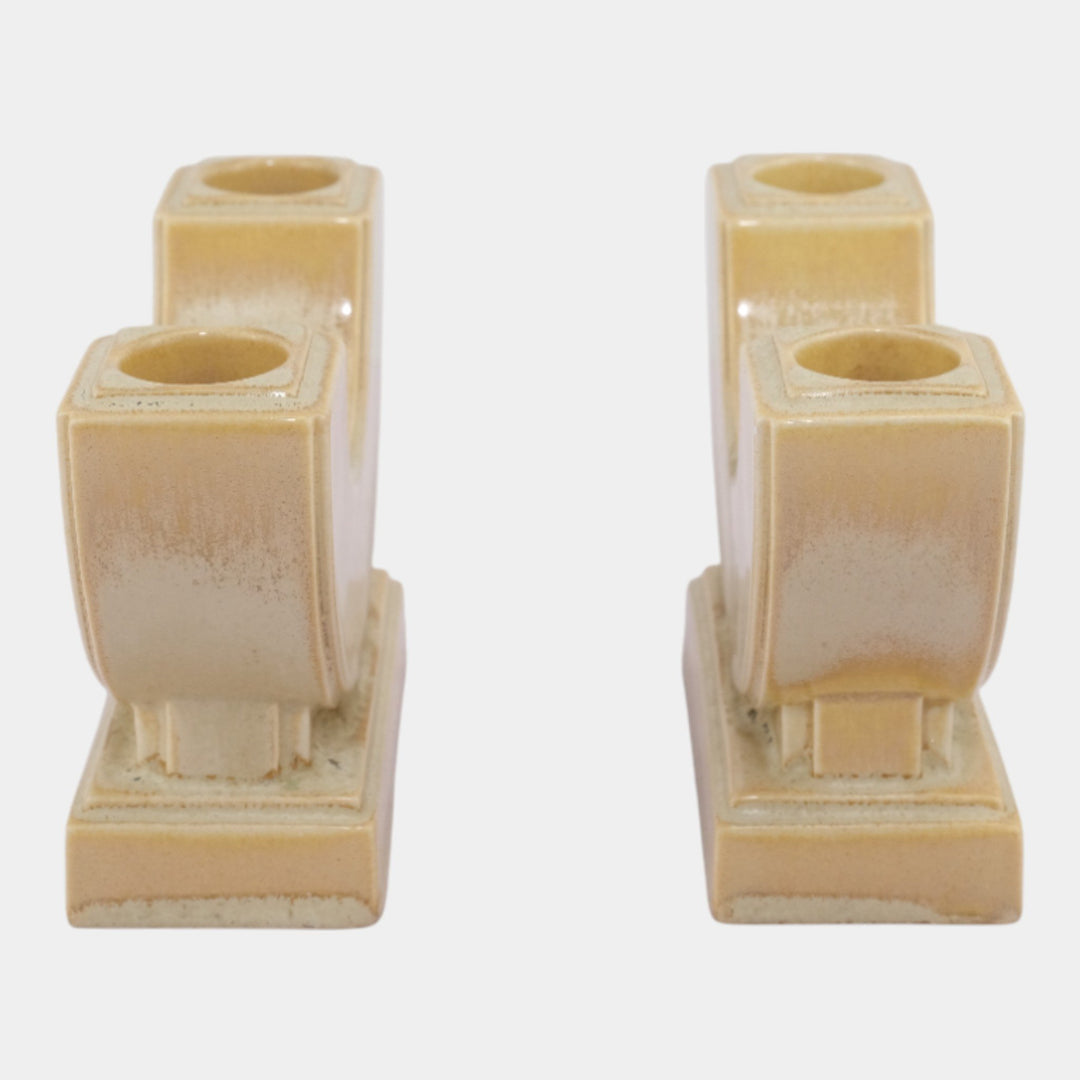 AETCO Studio Art Pottery Brown Ivory Art Deco Double Candleholder Pair