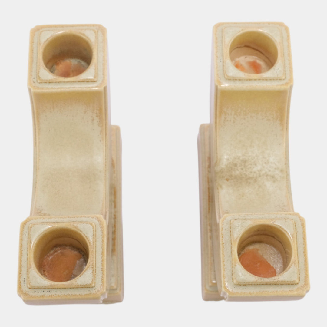 AETCO Studio Art Pottery Brown Ivory Art Deco Double Candleholder Pair