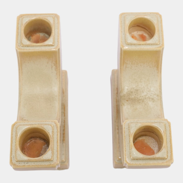 AETCO Studio Art Pottery Brown Ivory Art Deco Double Candleholder Pair