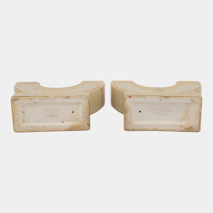 AETCO Studio Art Pottery Brown Ivory Art Deco Double Candleholder Pair