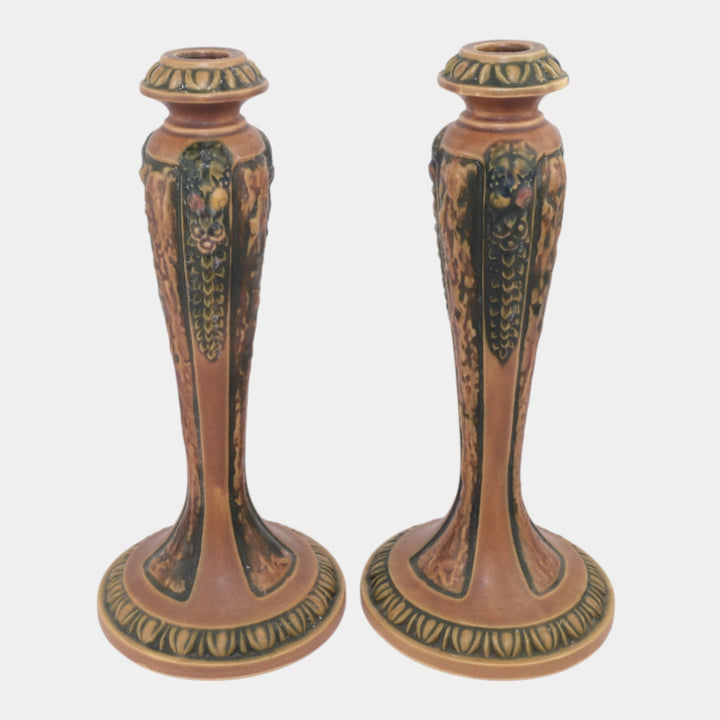 Roseville Florentine I Brown 1924 Arts And Crafts Pottery Candle Holders 1050-10