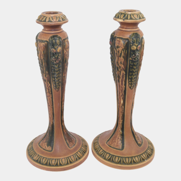 Roseville Florentine I Brown 1924 Arts And Crafts Pottery Candle Holders 1050-10