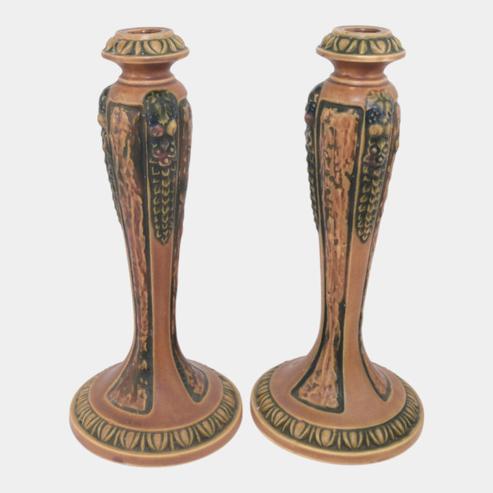 Roseville Florentine I Brown 1924 Arts And Crafts Pottery Candle Holders 1050-10