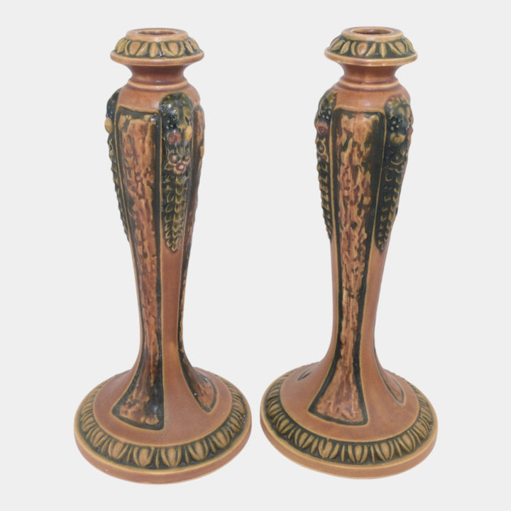 Roseville Florentine I Brown 1924 Arts And Crafts Pottery Candle Holders 1050-10